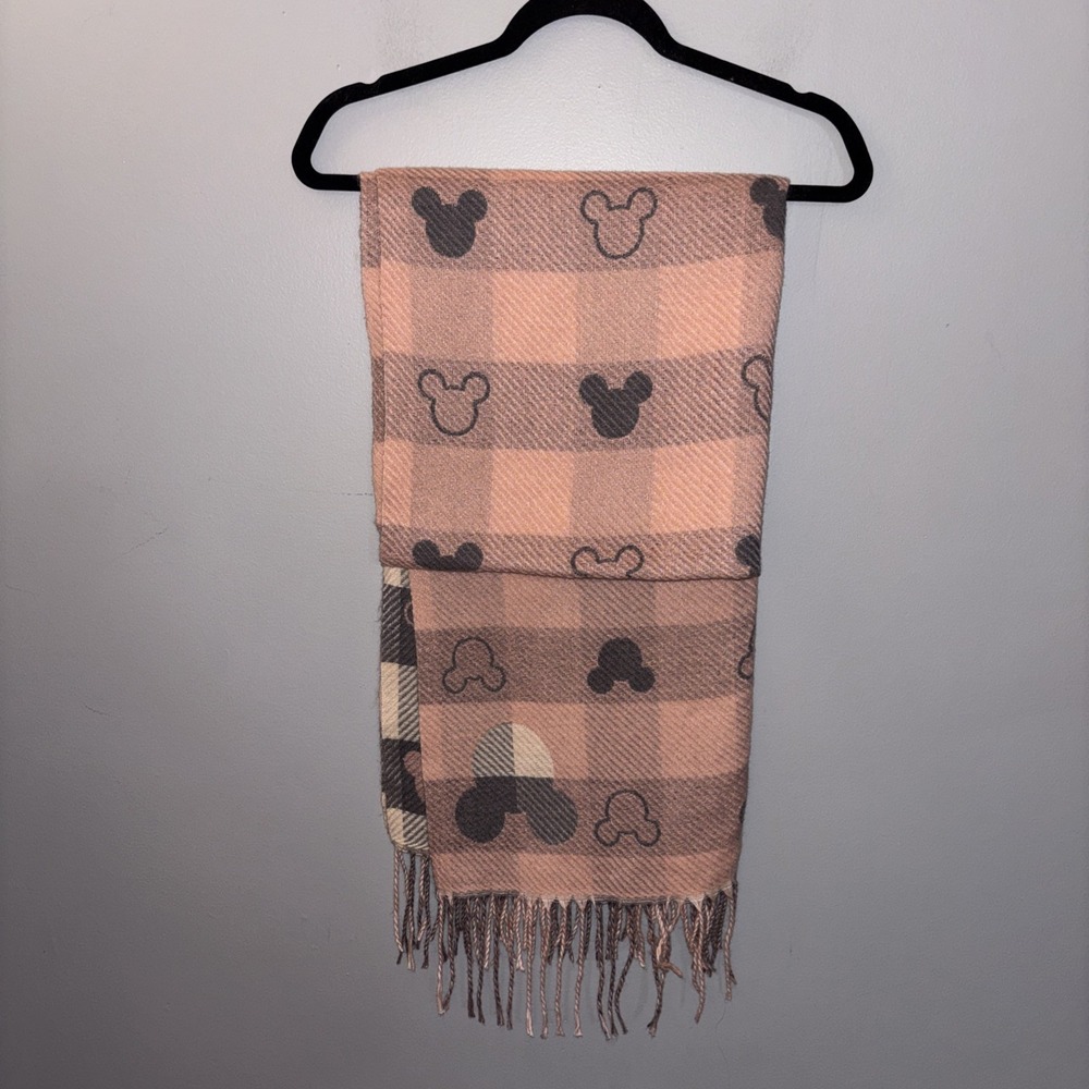 Mickey Mouse Pink/Grey Checkered Scarf Shawl Soft Fringed Reversible 72"x25"